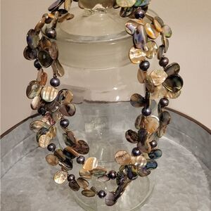 T.J.T. Designer Abalone Shell Petal Pearl Sterling Silver Necklace Vintage 35 in